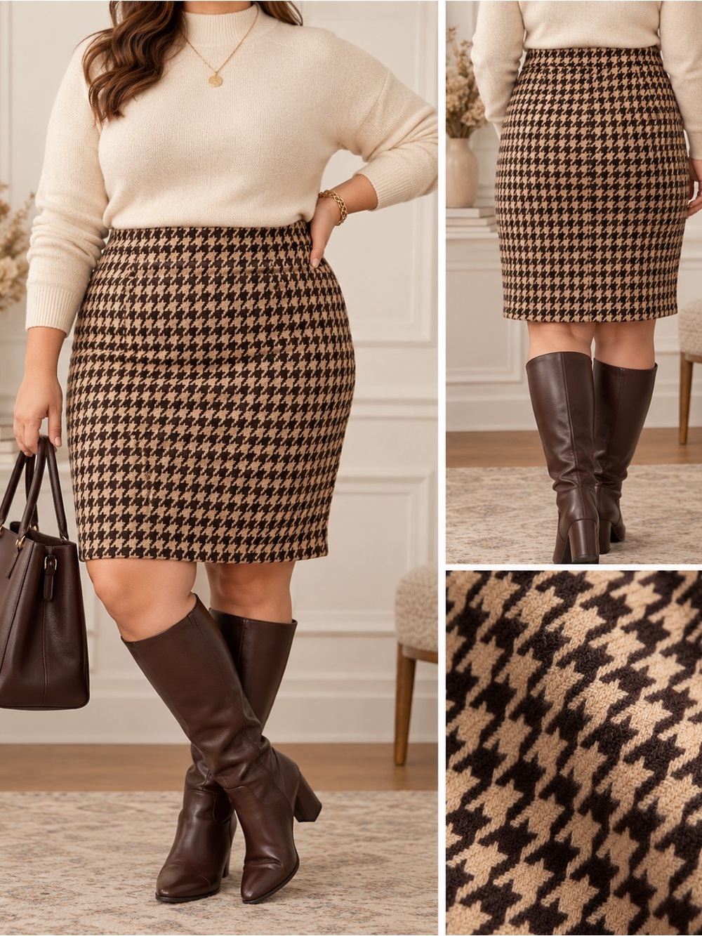 Talbots Woman 16W Brown Houndstooth Wool Blend Pencil Skirt